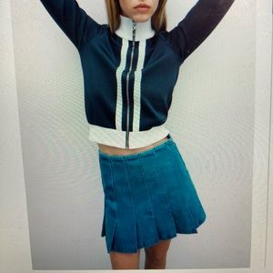 Box pleat denim mini skirt